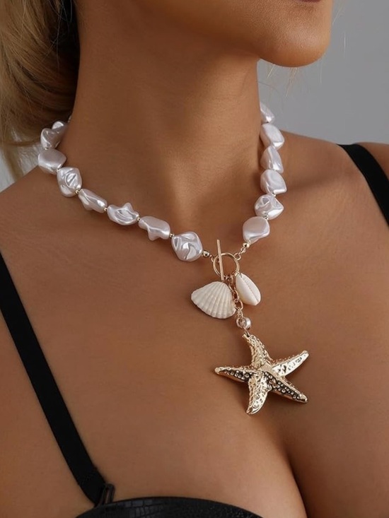 Chic Nation Jewelry - Chic Nation White Pearl Bead Choker with Starfish & Shell Charms